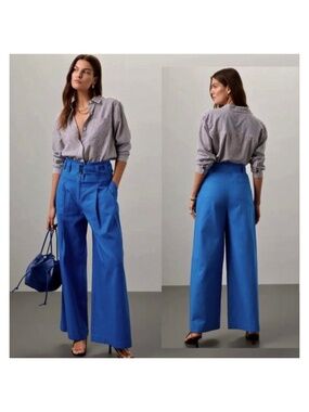 Eudon Choi Wide Leg Linen Blend Trousers Belted Blue Women’s Size 6